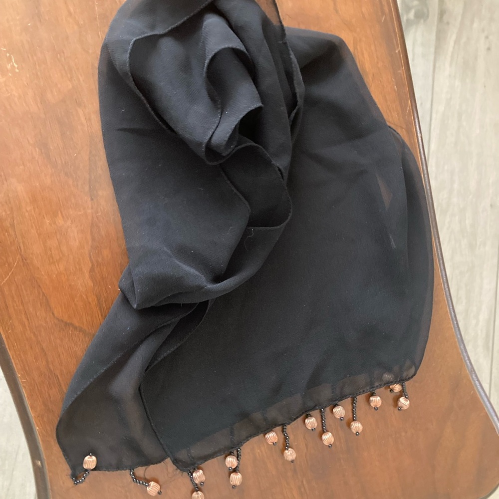 Sheer Black Scarf with Beaded Trim